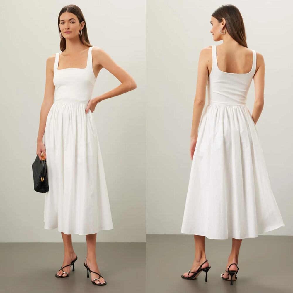 Rue Sophie Eli Dress Sleeveless Square Neck Midi Tank A-Line Off White XS